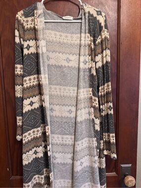 First Love Hooded Open-Front Cardigan in Cream, Gray & Brown